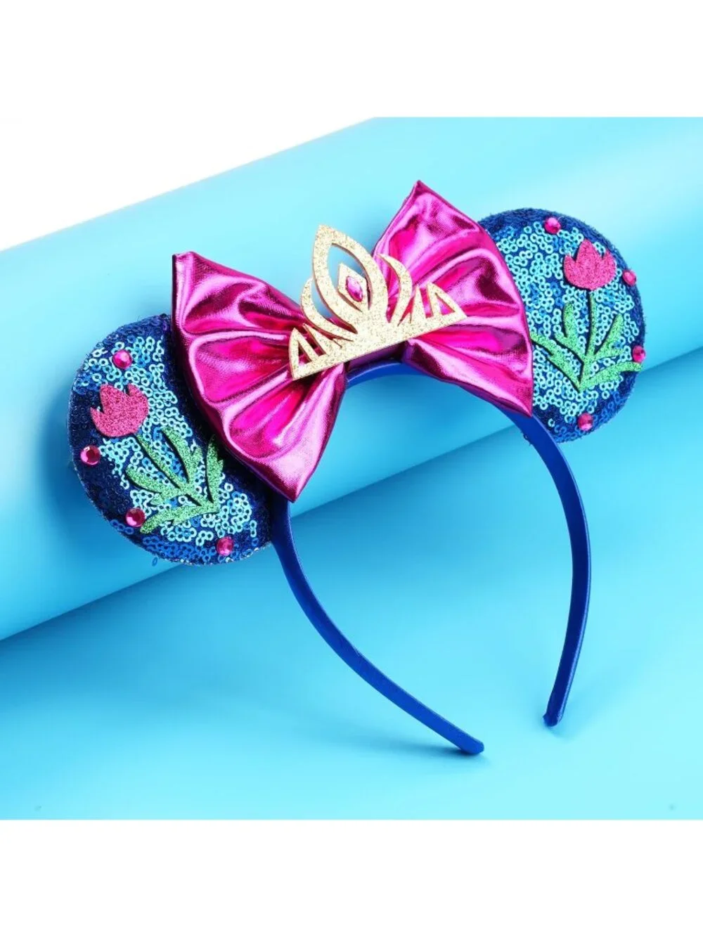 Women Pink-Blue Polyester Sparkle Sequin Mickey Mouse Hair Bow Handmade Headband